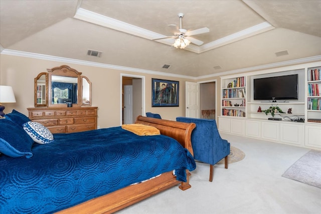 bedroom featuring visible vents, ornamental molding, carpet floors, and a tray ceiling
