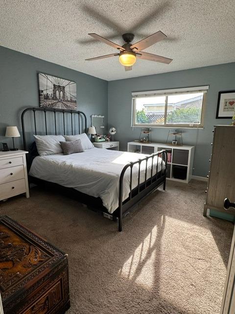 854 La Playa Ct, Manteca, CA 95336 - bedroom featuring light carpet, baseboards, ceiling fan, and a textured ceiling