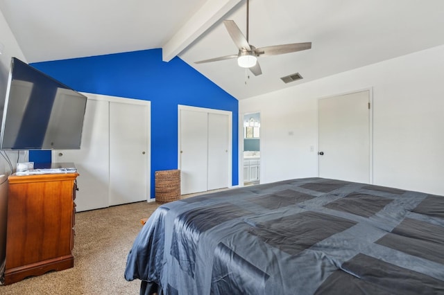 100 Rosewood Cir, Madera, CA 93637 - bedroom with multiple closets, carpet floors, visible vents, a ceiling fan, and vaulted ceiling with beams