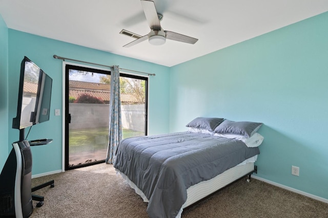 100 Rosewood Cir, Madera, CA 93637 - carpeted bedroom with baseboards, access to exterior, visible vents, and a ceiling fan