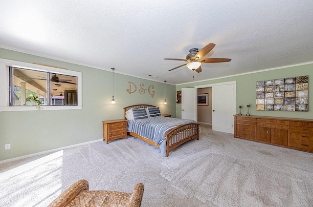 bedroom featuring baseboards, carpet, ornamental molding, and a textured ceiling