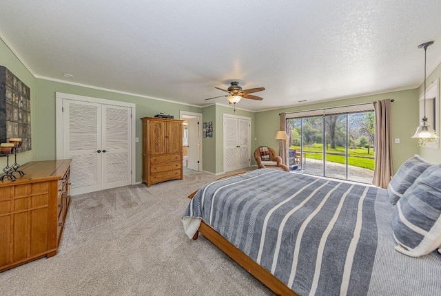 bedroom featuring light carpet, crown molding, access to outside, and a textured ceiling