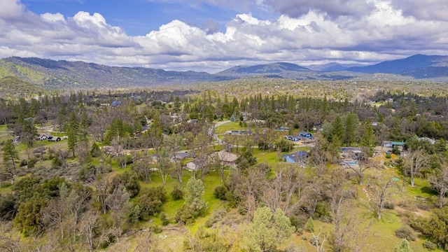 birds eye view of property with a mountain view and a view of trees