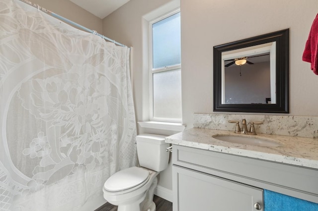 bathroom featuring curtained shower, vanity, toilet, and wood finished floors