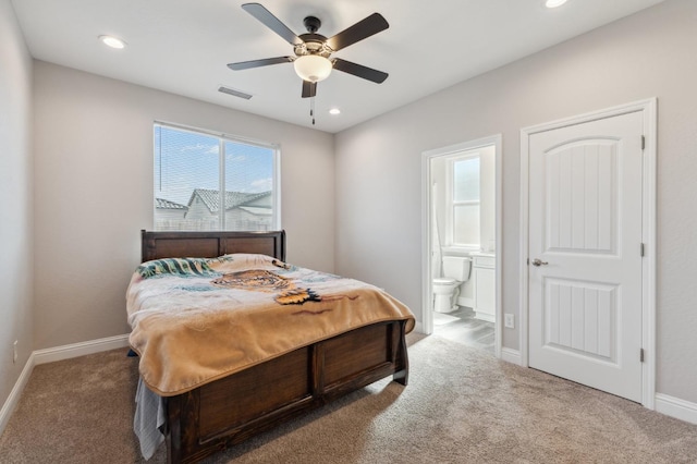 bedroom featuring carpet flooring, baseboards, visible vents, and recessed lighting