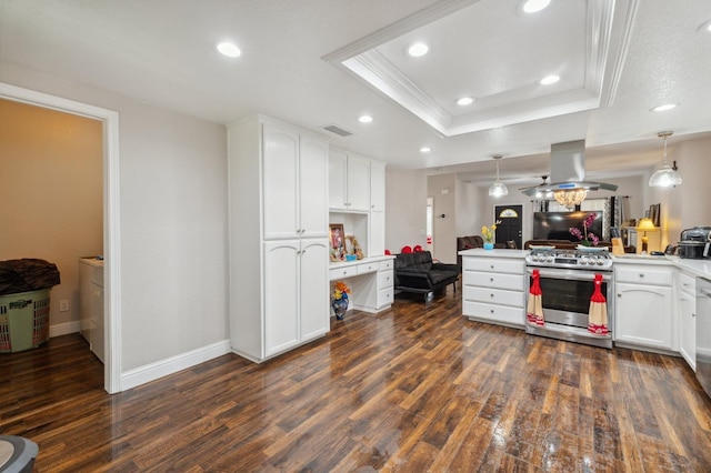 3154 E Montecito Ave, Fresno, CA 93702 - kitchen featuring gas stove, island range hood, open floor plan, dark wood finished floors, and a raised ceiling