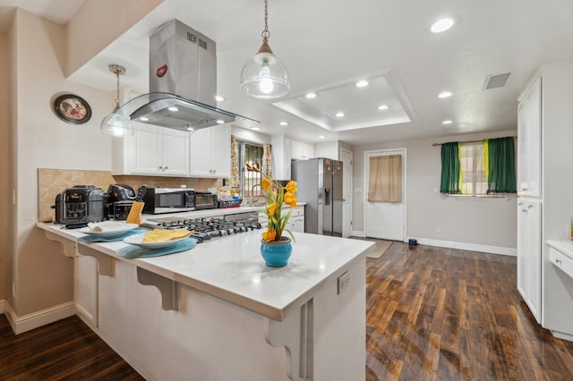 3154 E Montecito Ave, Fresno, CA 93702 - kitchen with island range hood, stainless steel appliances, dark wood-style floors, a raised ceiling, and recessed lighting