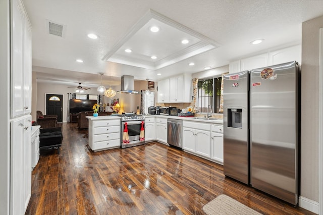 3154 E Montecito Ave, Fresno, CA 93702 - kitchen featuring stainless steel appliances, a raised ceiling, open floor plan, a peninsula, and dark wood-style flooring