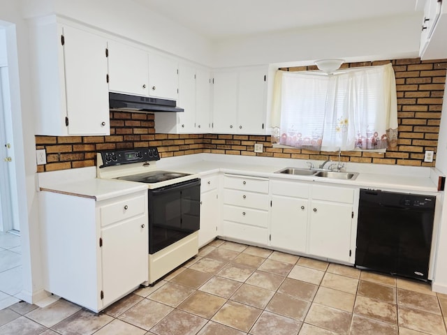 4571 N Kavanagh Ave, Fresno, CA 93705 - kitchen with white electric range oven, black dishwasher, under cabinet range hood, a sink, and decorative backsplash