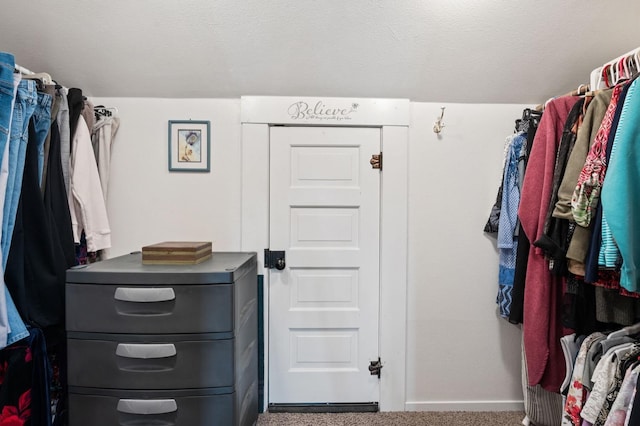 walk in closet with carpet