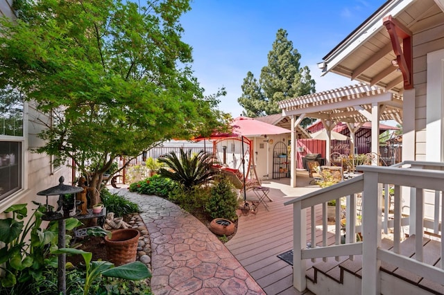 deck featuring a fenced backyard and a pergola