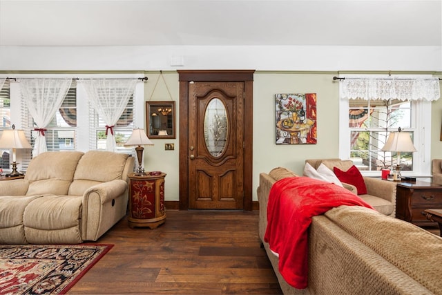 living room featuring dark wood-style flooring