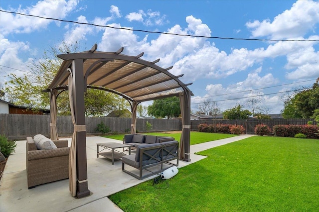 exterior space with a patio area, a pergola, a fenced backyard, an outdoor hangout area, and a lawn