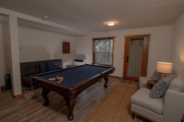 recreation room with baseboards, light wood-style floors, pool table, and electric panel