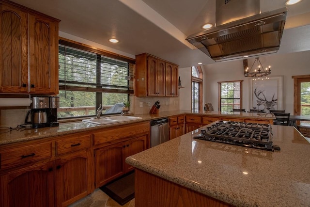kitchen with black gas cooktop, dishwasher, brown cabinetry, range hood, and a sink