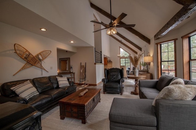 living room featuring high vaulted ceiling, a ceiling fan, recessed lighting, light carpet, and beam ceiling