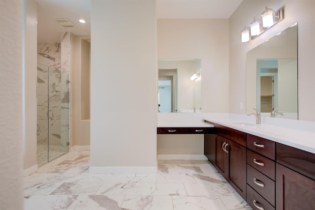2791 E Tuolumne Rd, Turlock, CA 95382 - bathroom with a marble finish shower, marble look tiles, vanity, baseboards, and recessed lighting