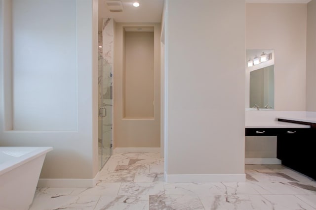 2791 E Tuolumne Rd, Turlock, CA 95382 - full bath with marble finish floors, vanity, a stall shower, and a freestanding bath