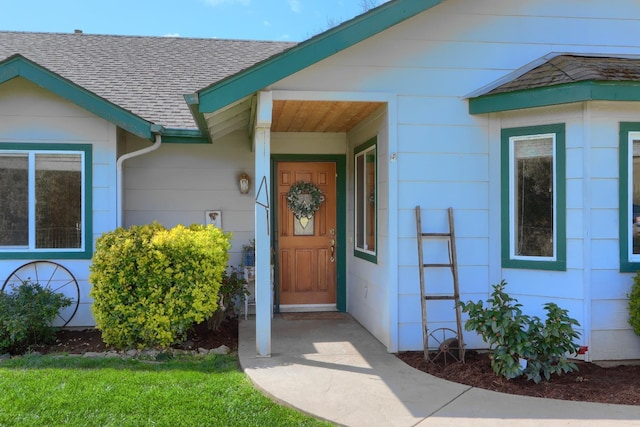 view of exterior entry with roof with shingles