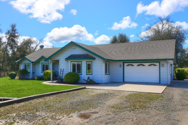 ranch-style house with a front lawn, a garage, roof with shingles, and dirt driveway