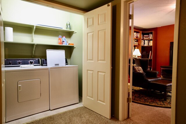 40547 Saddleback Rd, Bass Lake, CA 93604 - laundry room featuring washer and clothes dryer, laundry area, and light carpet