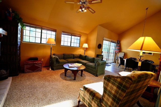 40547 Saddleback Rd, Bass Lake, CA 93604 - living room featuring lofted ceiling, a ceiling fan, and plenty of natural light