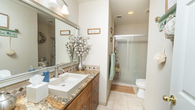 218 Casa Buena Ln, Coalinga, CA 93210 - full bath with vanity, tile patterned flooring, visible vents, toilet, and a shower stall