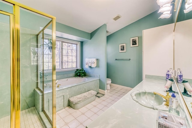 49521 Stillmeadow Dr, Oakhurst, CA 93644 - full bathroom featuring visible vents, a bath, toilet, tile patterned floors, and a stall shower