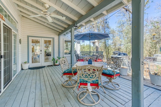 49521 Stillmeadow Dr, Oakhurst, CA 93644 - deck featuring french doors, ceiling fan, and outdoor dining space