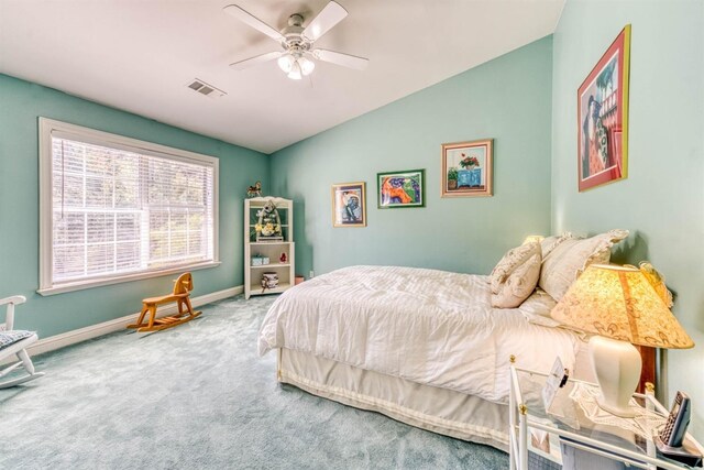49521 Stillmeadow Dr, Oakhurst, CA 93644 - carpeted bedroom featuring visible vents, baseboards, a ceiling fan, and lofted ceiling