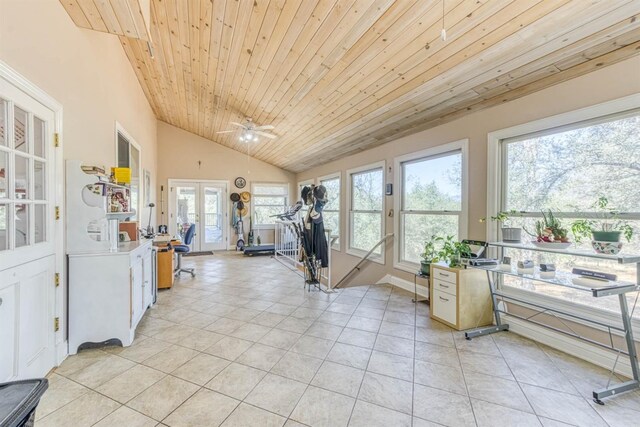 49521 Stillmeadow Dr, Oakhurst, CA 93644 - workout area with high vaulted ceiling, wooden ceiling, a ceiling fan, and light tile patterned floors