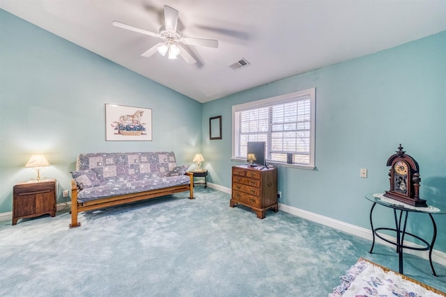 49521 Stillmeadow Dr, Oakhurst, CA 93644 - living area with ceiling fan, visible vents, carpet floors, lofted ceiling, and baseboards