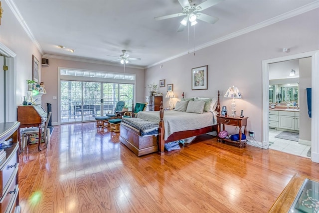 49521 Stillmeadow Dr, Oakhurst, CA 93644 - bedroom with light wood finished floors, baseboards, crown molding, and a ceiling fan