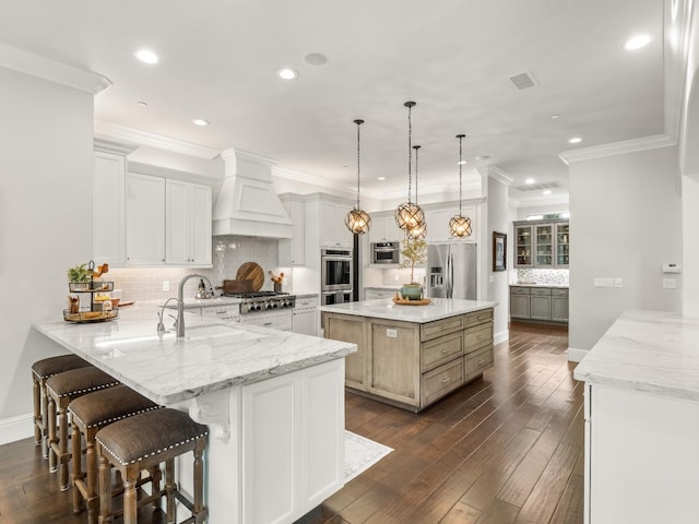 2567 E Sarazen, Fresno, CA 93730 - kitchen featuring appliances with stainless steel finishes, premium range hood, backsplash, dark wood-style floors, and recessed lighting