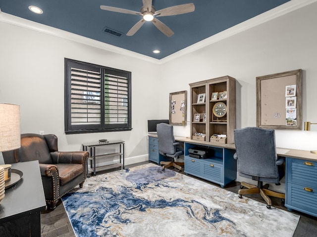 2567 E Sarazen, Fresno, CA 93730 - office with ceiling fan, ornamental molding, recessed lighting, and wood finished floors