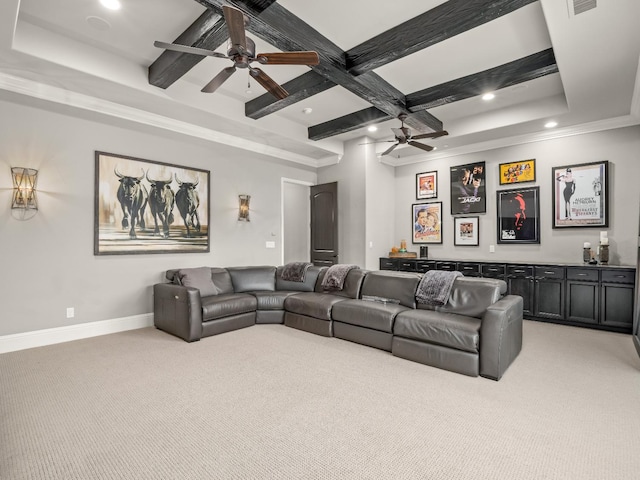 2567 E Sarazen, Fresno, CA 93730 - living area featuring ceiling fan, light carpet, coffered ceiling, beam ceiling, and recessed lighting