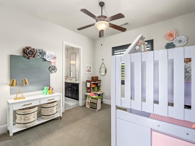 2567 E Sarazen, Fresno, CA 93730 - bedroom featuring carpet floors, connected bathroom, and a ceiling fan