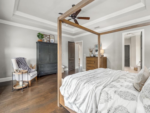 2567 E Sarazen, Fresno, CA 93730 - bedroom featuring a raised ceiling, wood finished floors, ornamental molding, and a ceiling fan