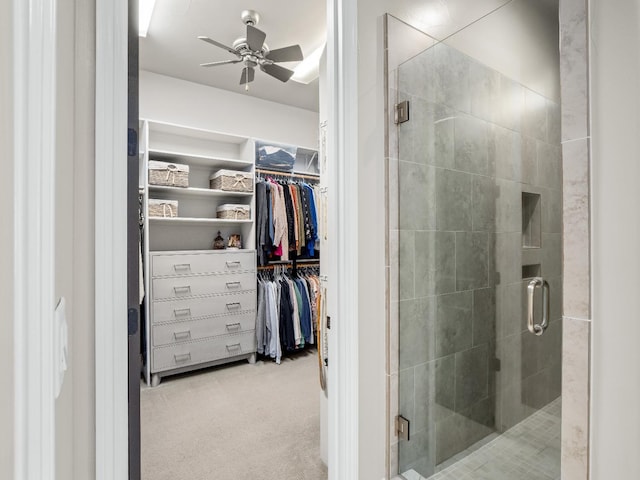 2567 E Sarazen, Fresno, CA 93730 - full bath with ceiling fan, a stall shower, and a spacious closet