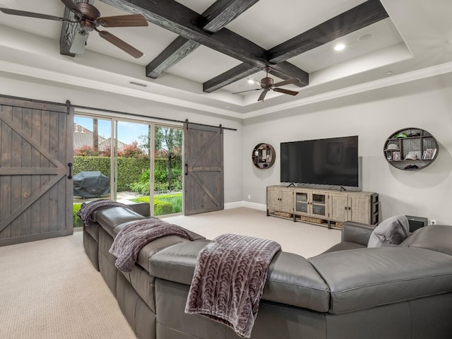 2567 E Sarazen, Fresno, CA 93730 - carpeted living room with a barn door, a ceiling fan, coffered ceiling, beamed ceiling, and recessed lighting