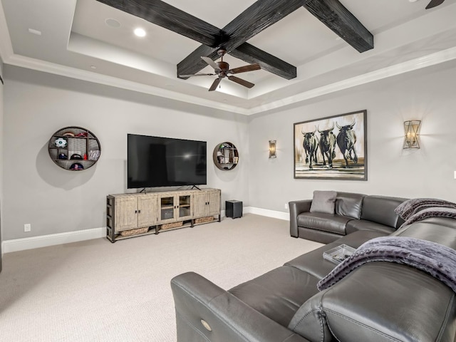 2567 E Sarazen, Fresno, CA 93730 - carpeted living room featuring a ceiling fan, a raised ceiling, recessed lighting, and beamed ceiling