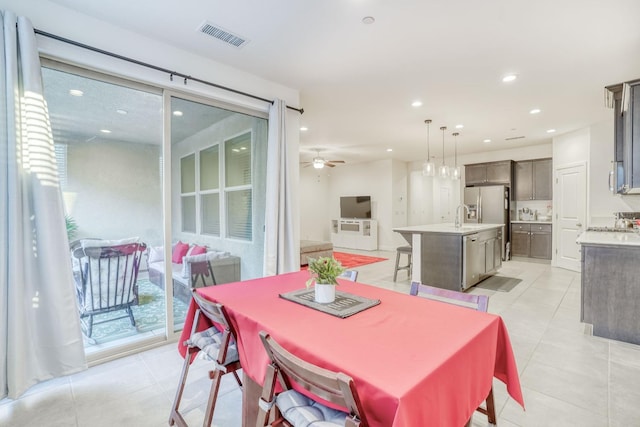 377 Wishon Way W, Madera, CA 93636 - dining area featuring light tile patterned floors, a ceiling fan, and recessed lighting