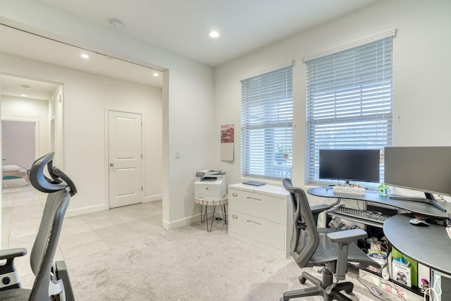 home office with recessed lighting and light tile patterned floors