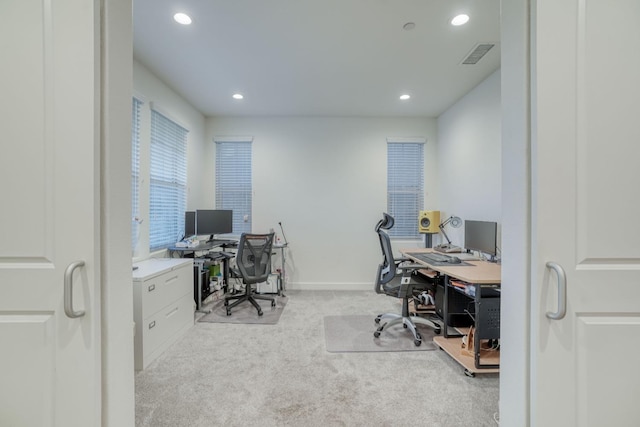 office area featuring carpet floors, recessed lighting, and baseboards