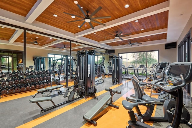 377 Wishon Way W, Madera, CA 93636 - workout area featuring a wooden ceiling with exposed beams, a ceiling fan, recessed lighting, and coffered ceiling