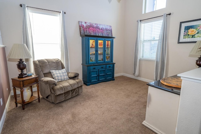 sitting room featuring carpet flooring and baseboards