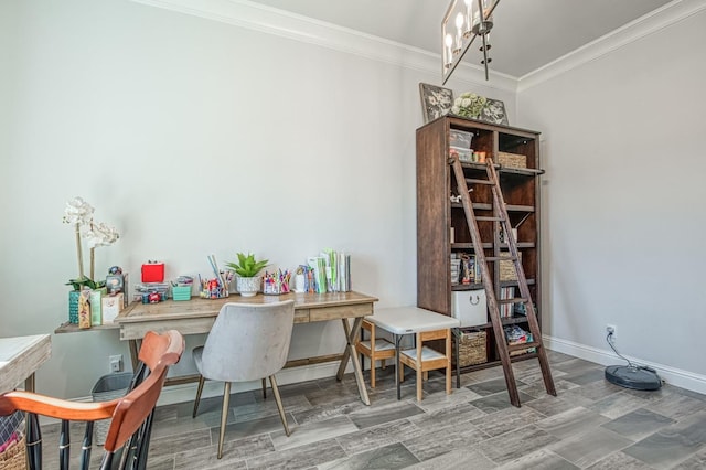 dining space featuring wood finished floors, an inviting chandelier, baseboards, and ornamental molding