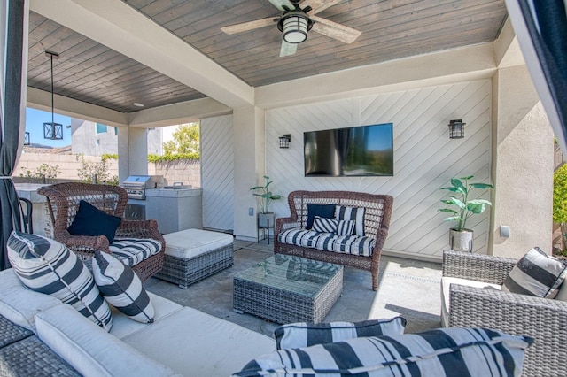 view of patio / terrace with area for grilling, an outdoor living space, a grill, a ceiling fan, and fence