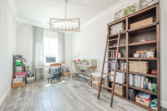 office space featuring a chandelier, crown molding, wood finished floors, and baseboards