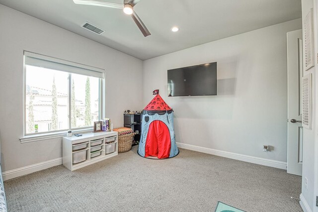playroom with carpet, a ceiling fan, visible vents, recessed lighting, and baseboards